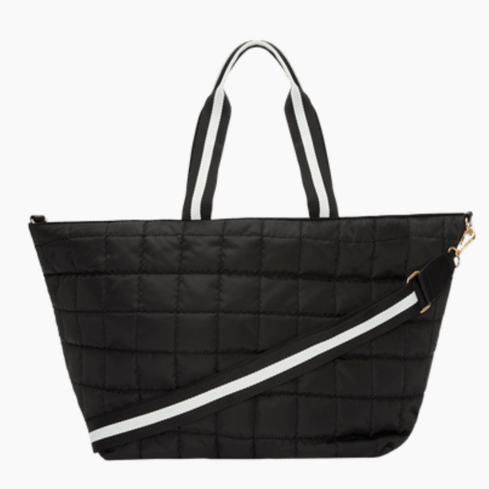 SUMMER & ROSE Quilted Duffel Black Tote Bag with Striped Handles, new!
